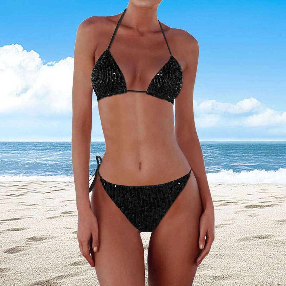 Women's sequin triangle swimsuit, sexy bikini, liquor swimsuit, beachwear, swimming document, 2025, 2024