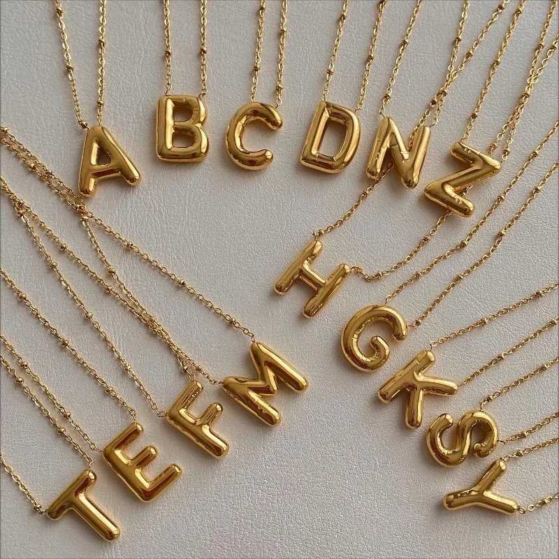 Smooth Stainless Steel Bubble letter Initial Pendant Chunky Women Personality Jewelry Gold Plated Balloon 26 Letter Necklaces W250318