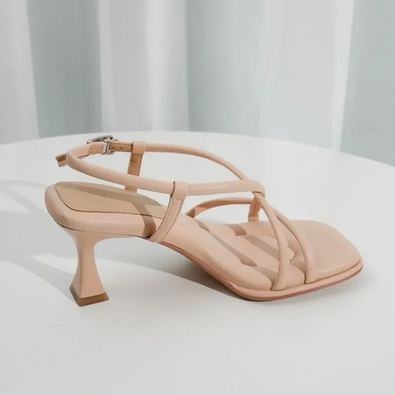 Summer Simple Square Headed Slim Strap Thick Heel Sandals for Women Straight Toe Open Toe Sandals for Women 250318