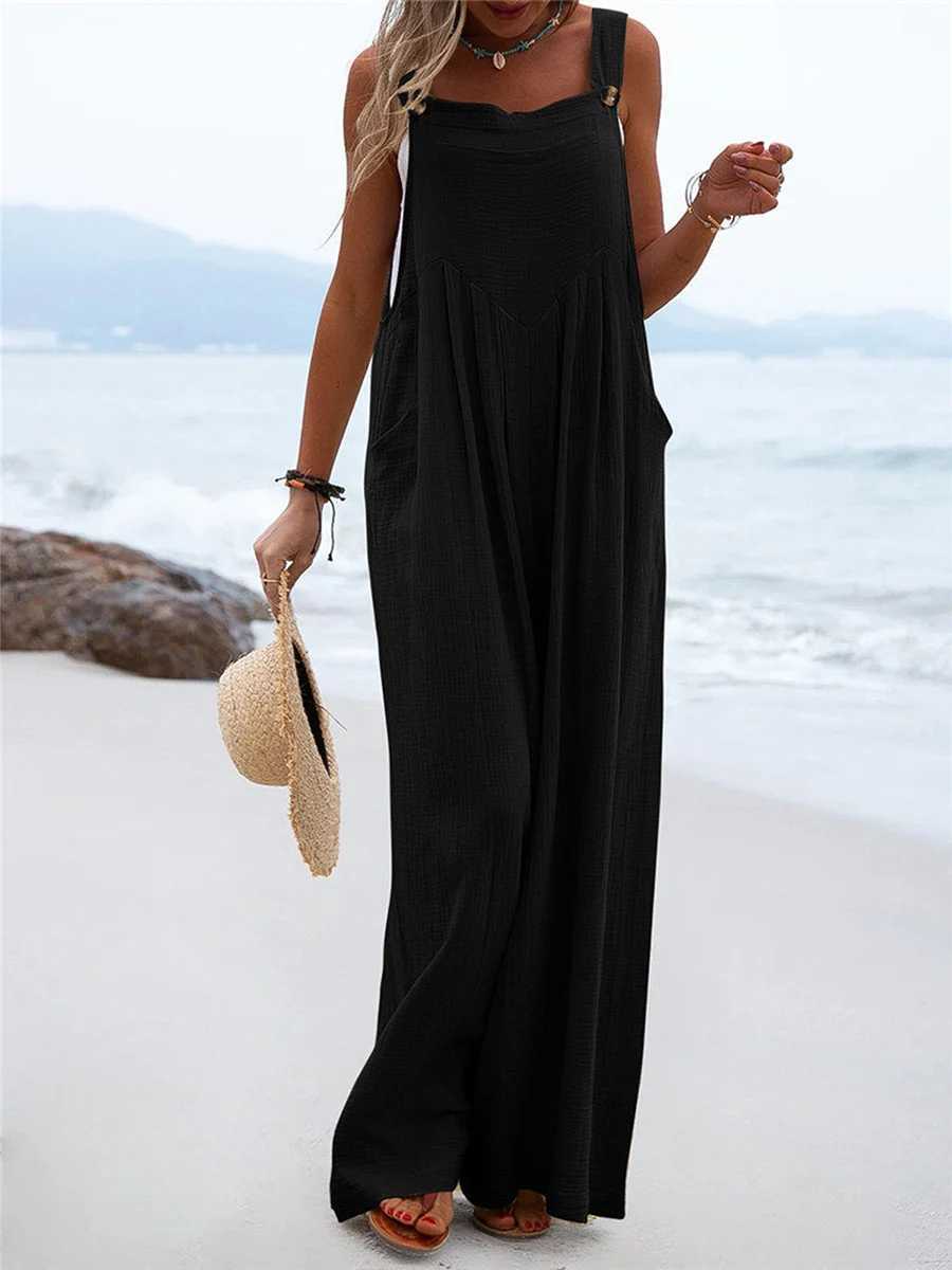 Overalls womens summer jumpsuit Plus size solid color casual button wide leg suspension pants Overalls with pockets X250318