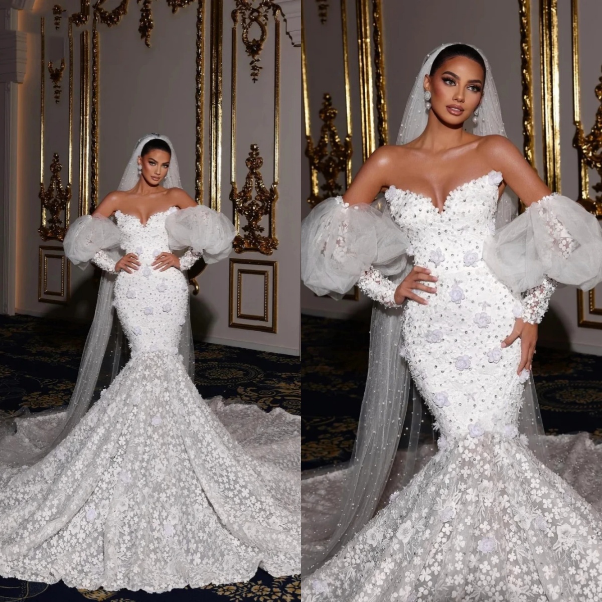 Designer Mermaid Wedding Dress Sweetheart Neck Removable Sleeves Bridal Gowns 3D wer Appliques Rhie Sweep Train Dresses Custom Made vestidos de novia