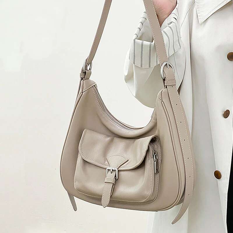 Burminsa Natural Genuine Leather Hobo Shoulder Bags For Women 2025 Designer Crossbody Purses Half Moon Ladies Handbags