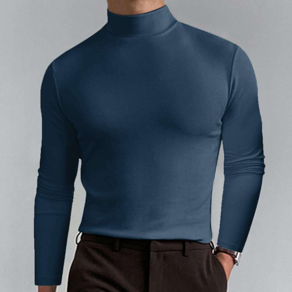 European American autumn and winter high neck long sleeved T-shirt base shirt men's solid color top 2025 new casual fashion trend clothing