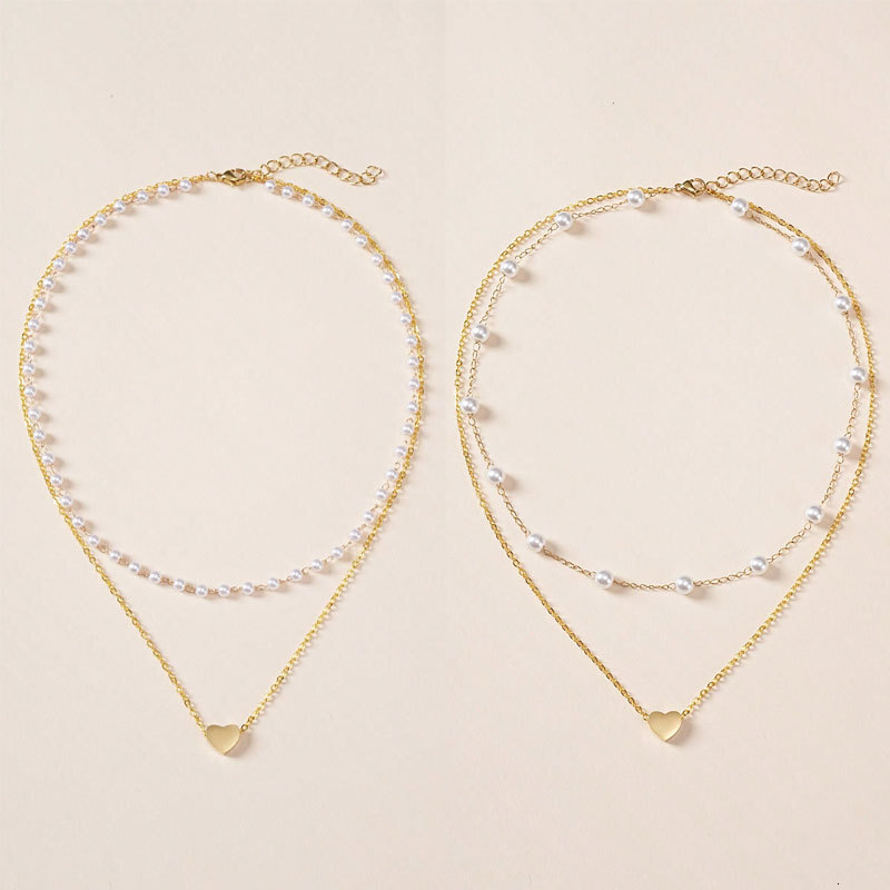 Pearl Chain Love Pendant Double Necklace Women Simple Everything Collared Chain Collar Bone Chain Jewelry