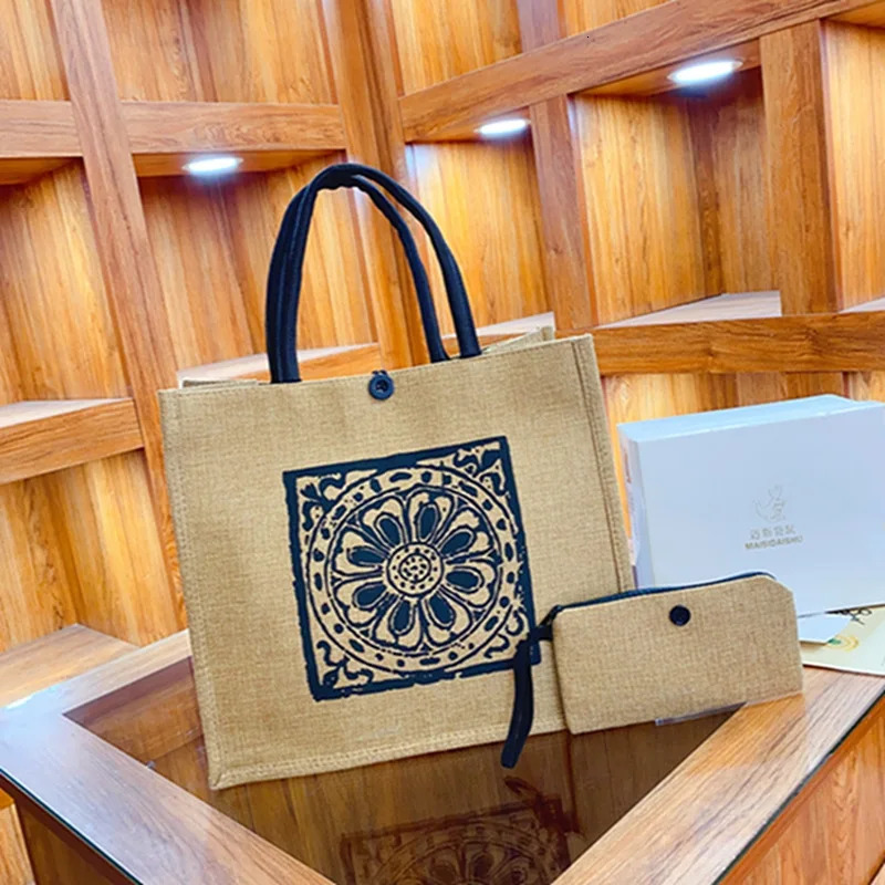 2 Pcs Linen Tote Bag Large Capacity Canvas Handbag Shopping Bags Makeup Bag Coin Purse for Wedding Birthday Gift Beach Vacation R250318