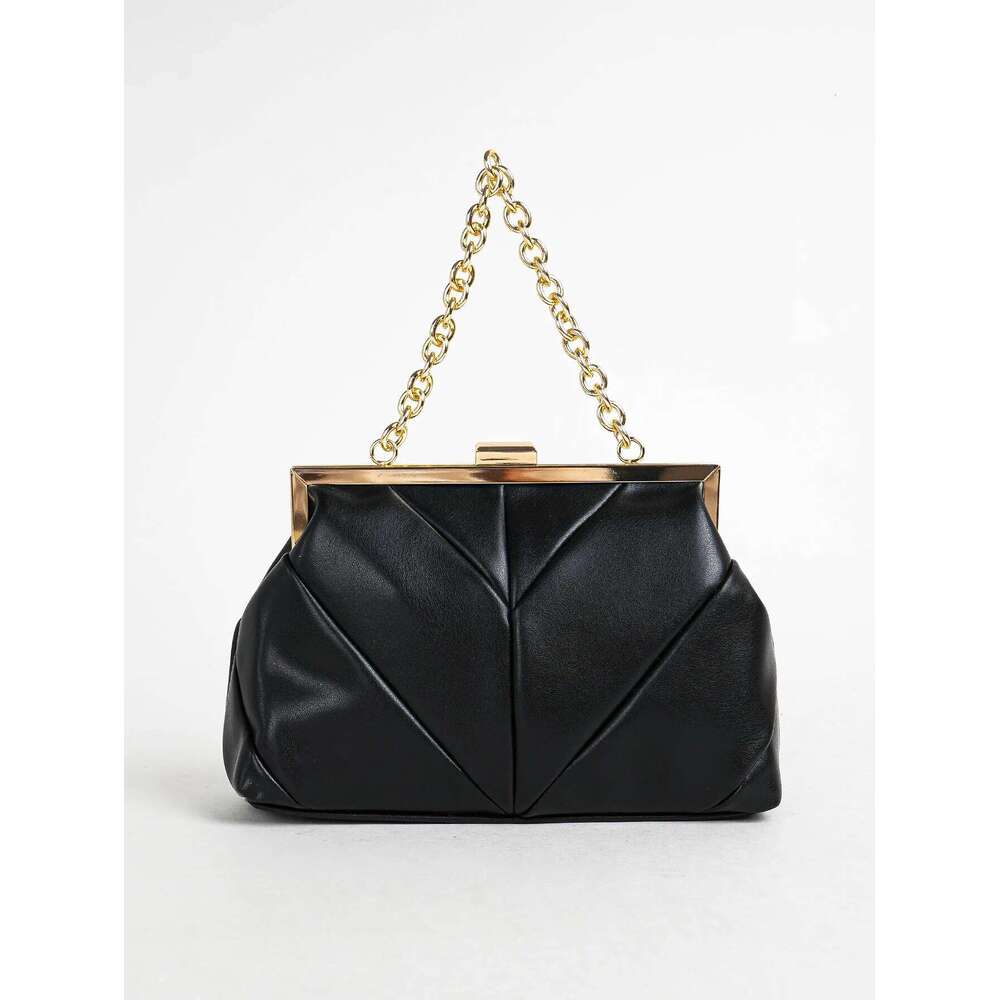 PC Matallic 1 PU Leather Elegant Pleated Kiss-Lock Closure Evening Bag,Shinny Metal Chain Holder Frame Cross Body Clutch Bag,Kis
