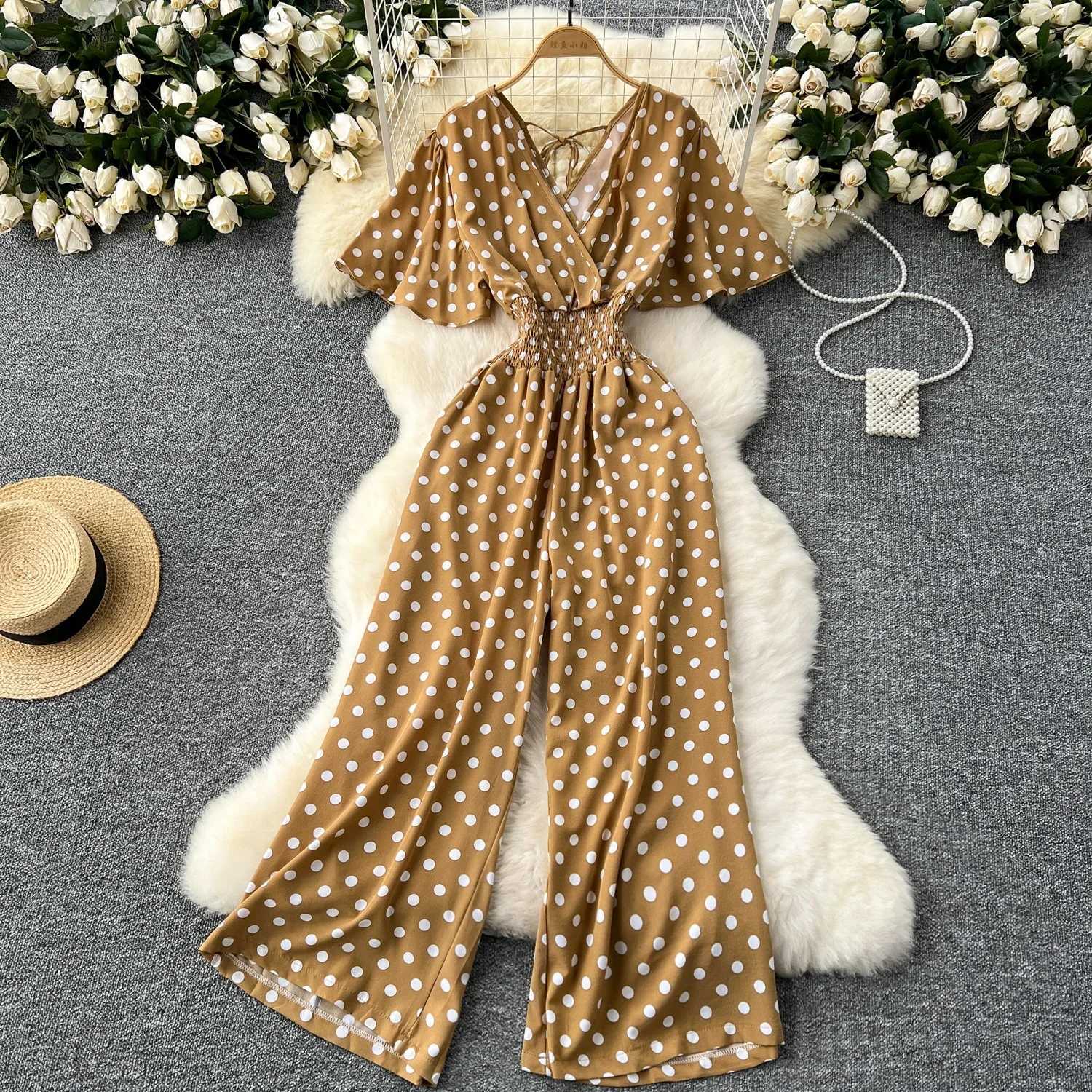 New summer polka dot jumpsuit elegant womens V-neck short Slve high waisted jumpsuit loose wide leg sportswear fashionable X250318