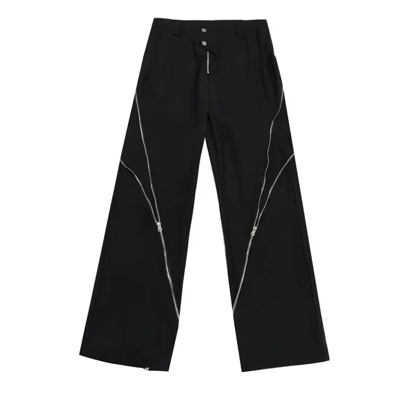 American Fashion Men Black Zipper Slit Slightly Flared Pants Vertical Feeling Straight Casual Pants Vintage Trousers Kpop 250317