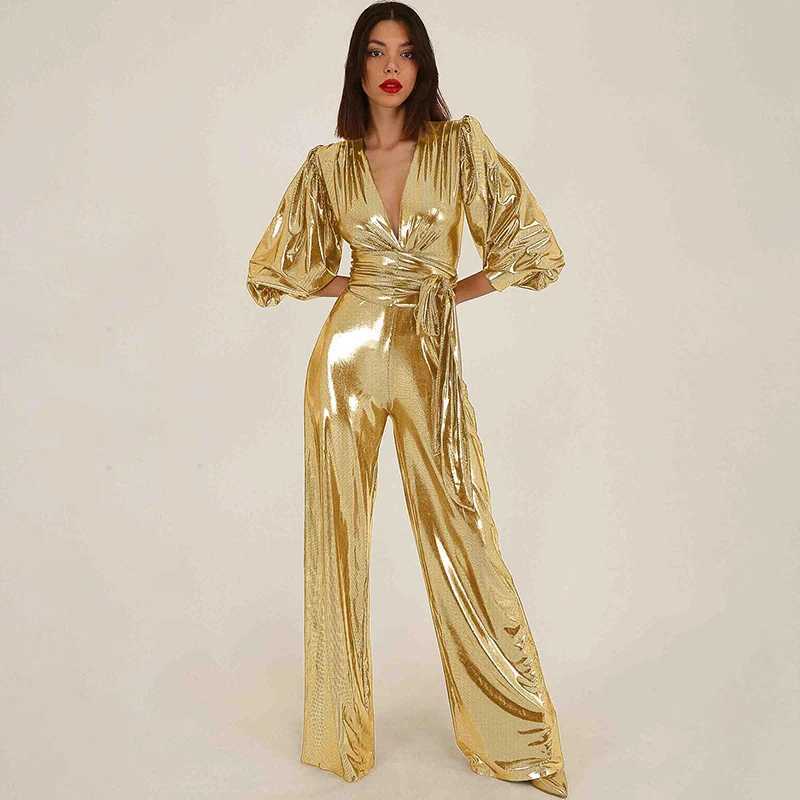 2025 Spring Summer New Arrivals Womens Evening Style Slim Fit Long Sleeve V-Neck Puff Sleeve Metallic Prom Party Jumpsuit X250318