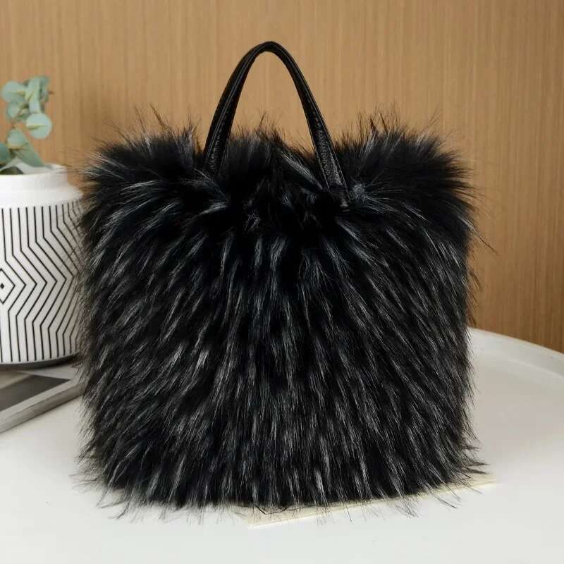 Winter Soft And Fluffy Women's Faux Fur Handbag High Quality Large Capacity Plush Tote Bag Patchwork Leather Shopper Purses