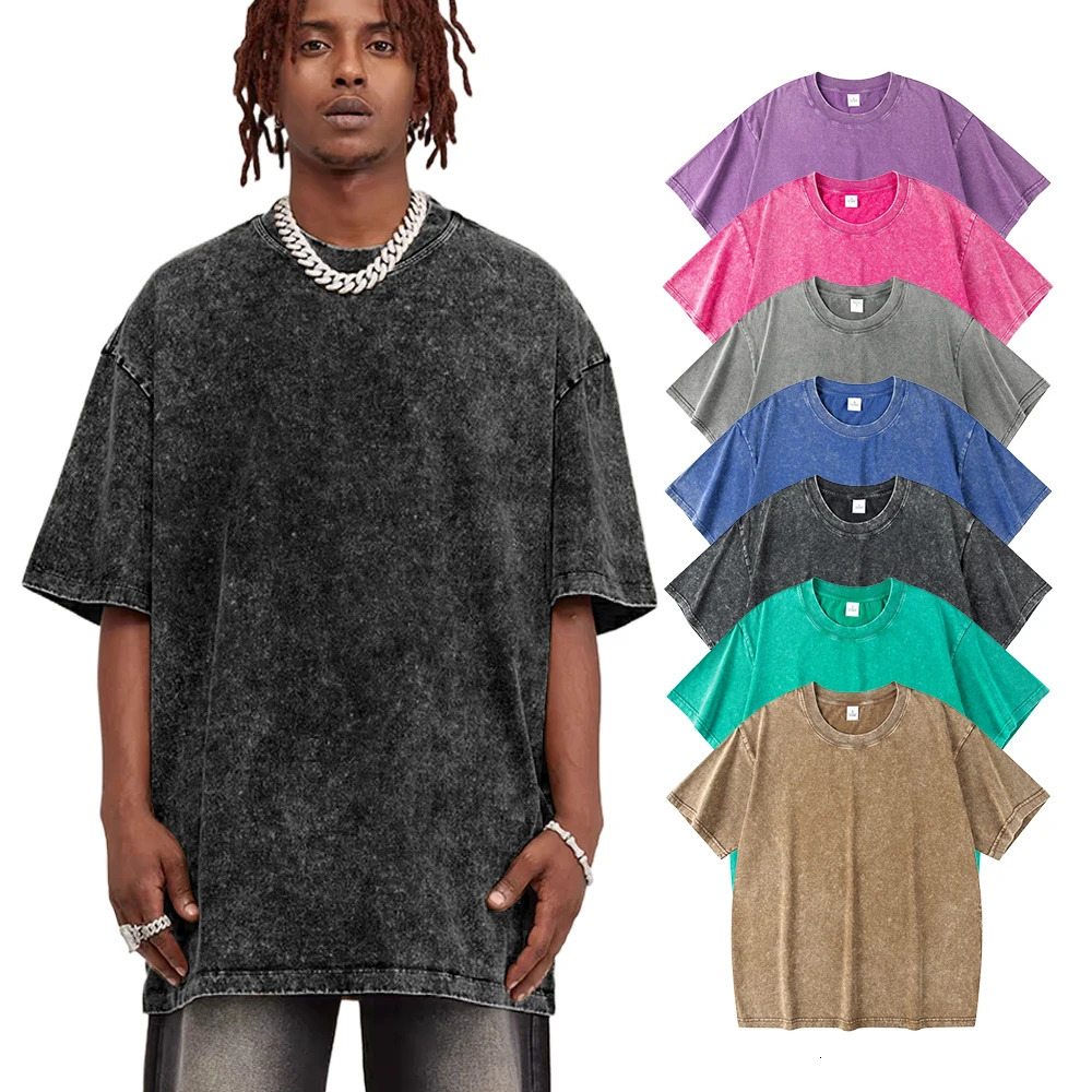Solid Color Men Washed T-Shirts 230G Heavyweight Vintage Cotton T Shirt Sleeved Harajuku O-Neck Short Loose Hip Hop Mens Tops 250318