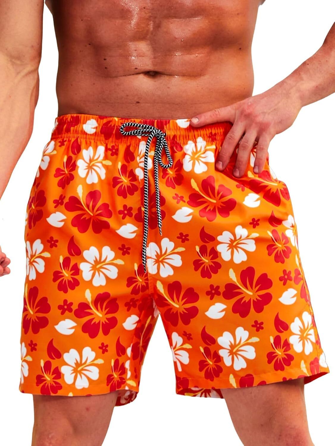 Men's Floral Print Drawstring Elastic Waist Swim Trunks Summer Beach Shorts Fashion print