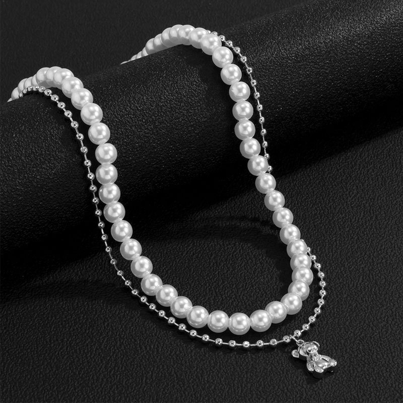Imitation Pearl Bear Pendant Double Necklace Male Hip Hop Everything Collarbone Chain Choker Jewelry