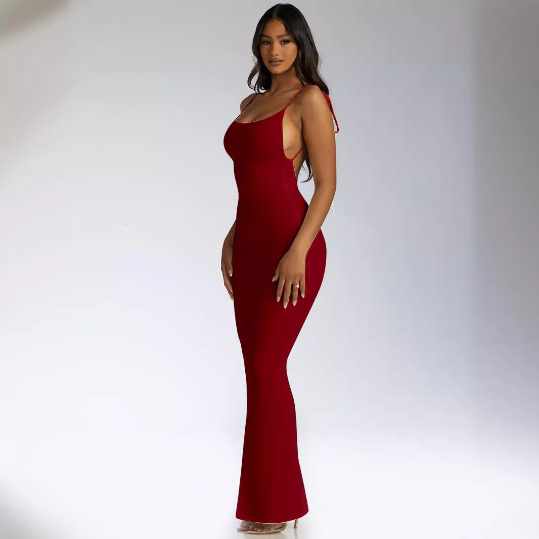 Best Selling Women's With Suspender Large Backless Straps, Long, Slim Fit, Temperament, Solid Color Dress
