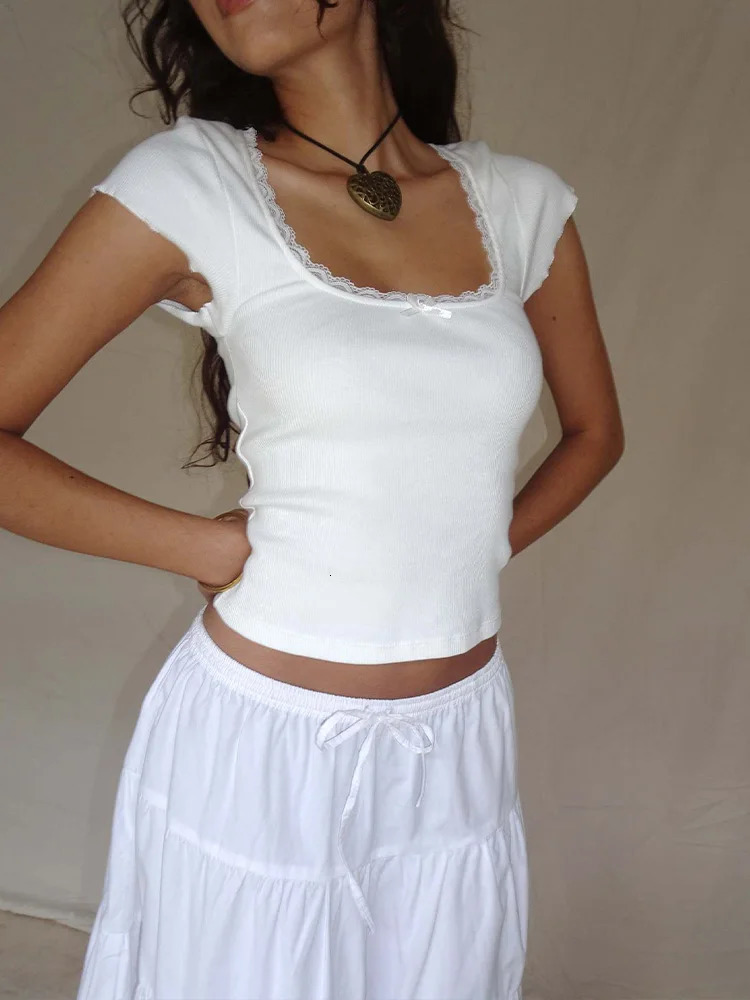 y2k Vintage Baby Tee Cottage Lace Trim Knitted T-Shirt Summer Square Neck Short Sleeve Tee Shirt Women White Milkmaid Crop Top 250318