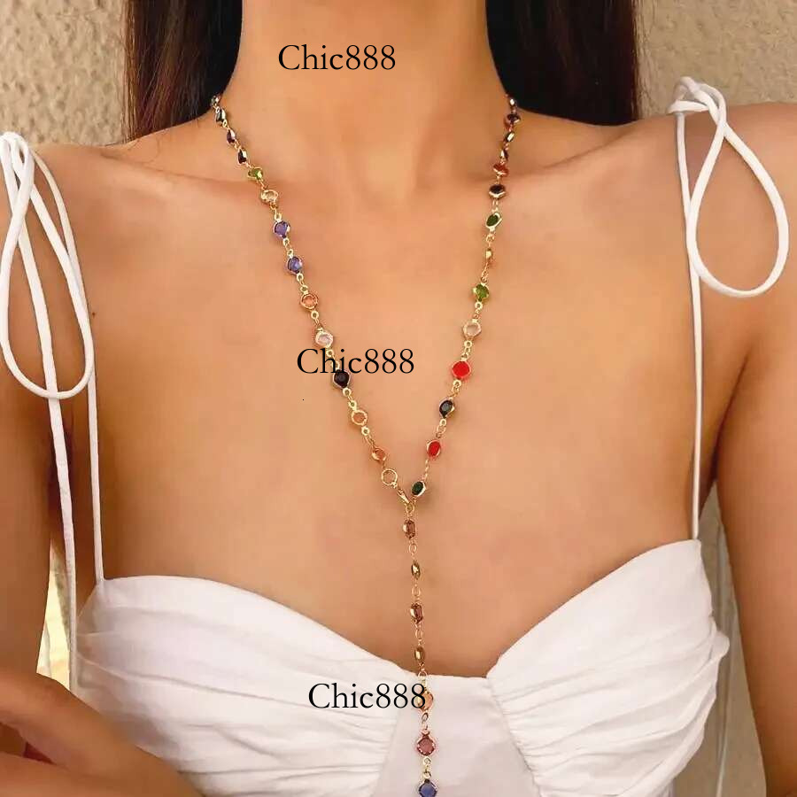 2024 Bohemian Colorful Long Y-Shaped Necklace Metal Collarbone Chain Gold Sier Color Summer Holiday Party Body Jewelry Gifts