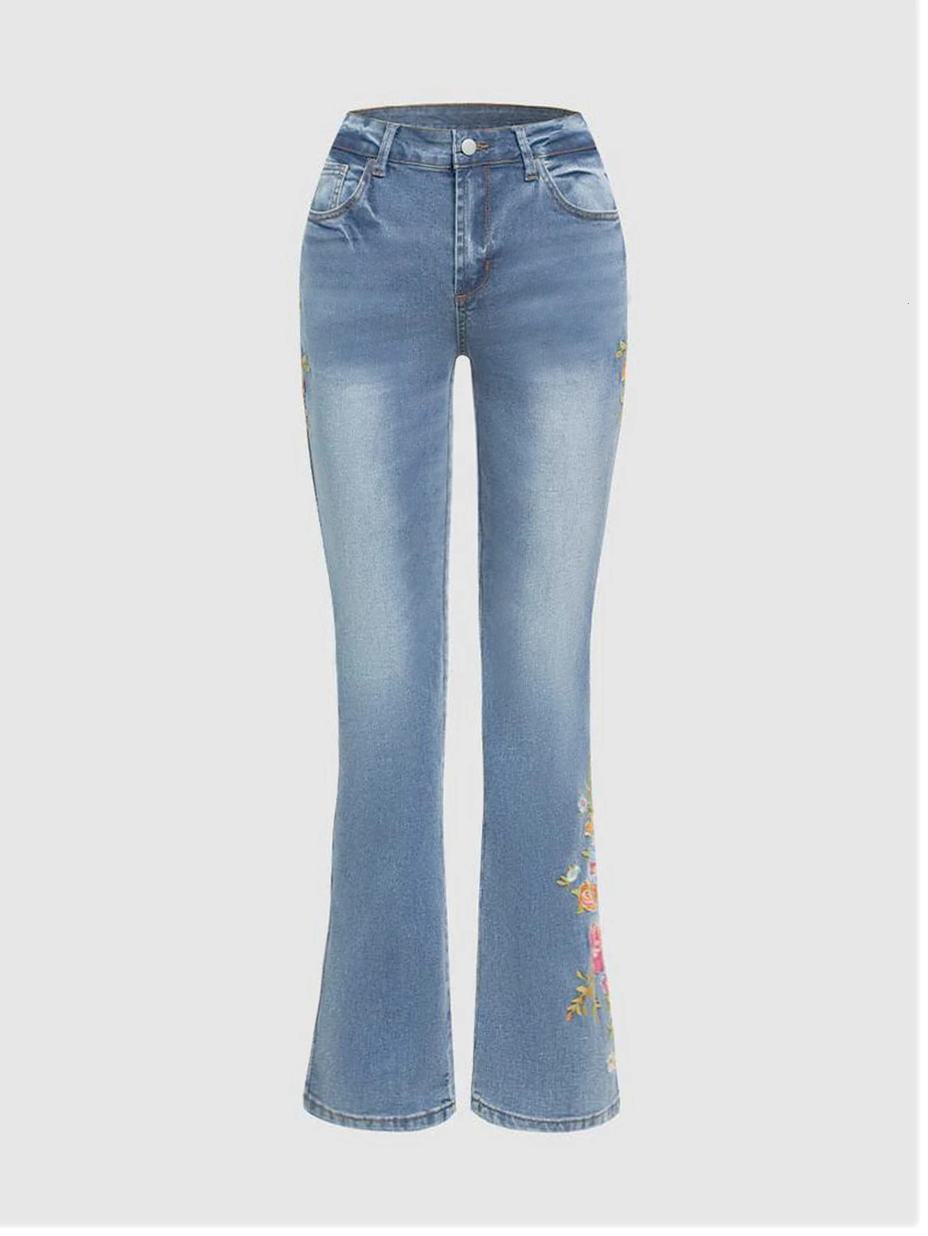 Womens retro washed high waisted straight leg jeans floral y front pocket casual 250317