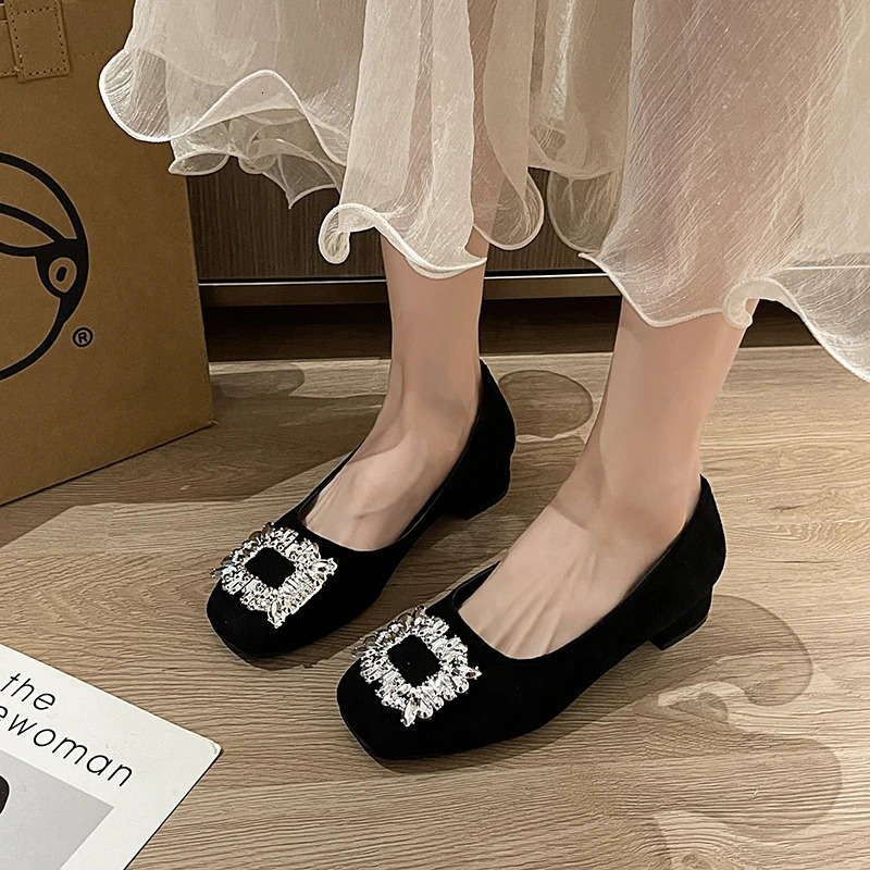 Women Square Heel Round Toe Crystal Pumps Plus Size 35-42 Black Elegant Office Shoes For Ladies Comfortable Slip Ons 3.5cm 250318