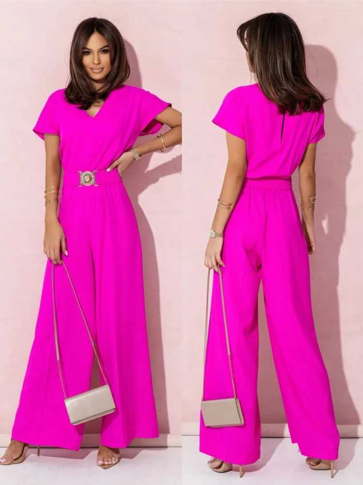 Fashion Women Solid V Neck Short Slve Jumpsuits Summer Casual High Waist Loose Jumpsuit Wide Leg Long Pants Romper With Belts X250318