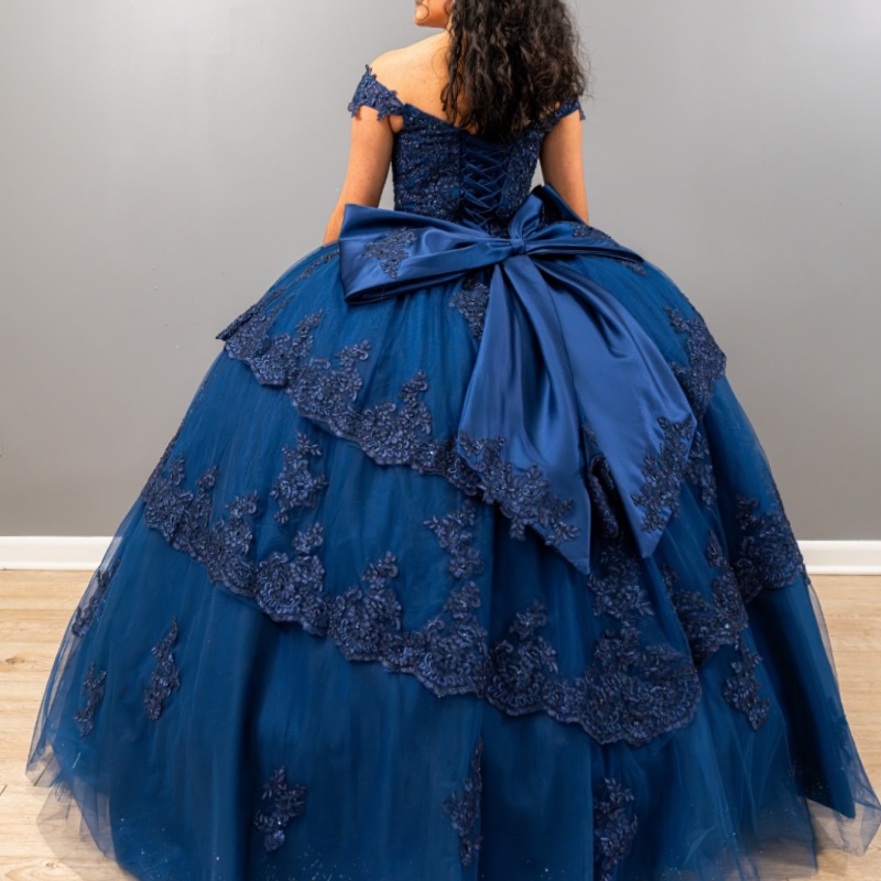Navy Blue Princess Ball Gown Quinceanera Dresses Off Shoulder Lace Appliques Bow Beads Tull Sweet 16 Dress vestidos de 15 Anos