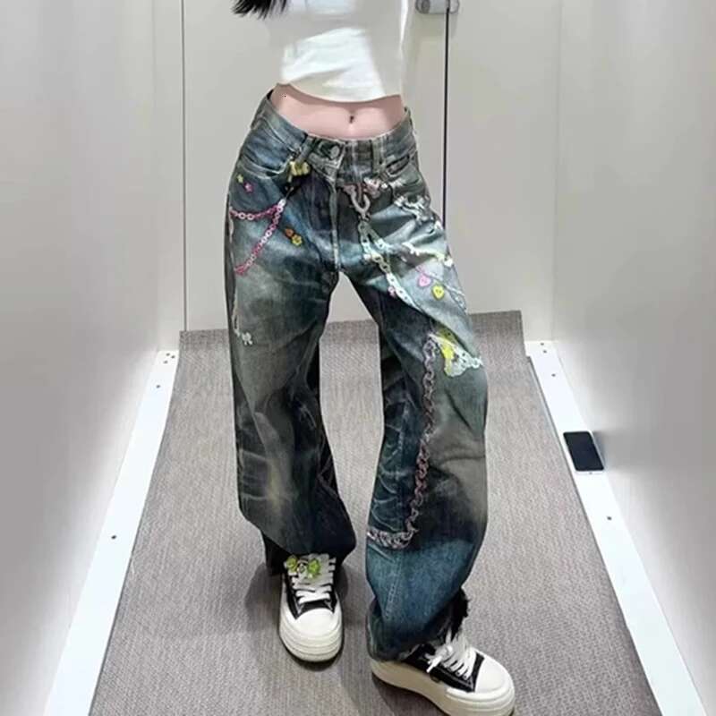 DEAT Women's Fashion Straight Printed Casual Denim Pants Spring New Arrival Female Long Chain Gradient Jeans Trendy 11A03657