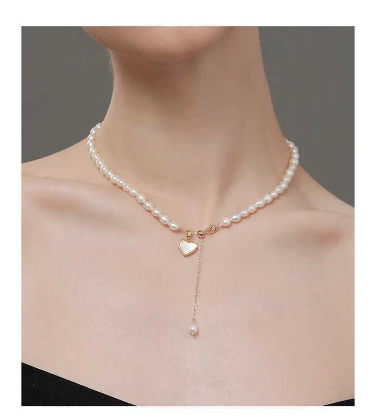 Starmoon French White Strapless Heart Pendant Pearl Necklace Womens Temperature Small Neck Chain Retro Lightweight Sensory C W250318