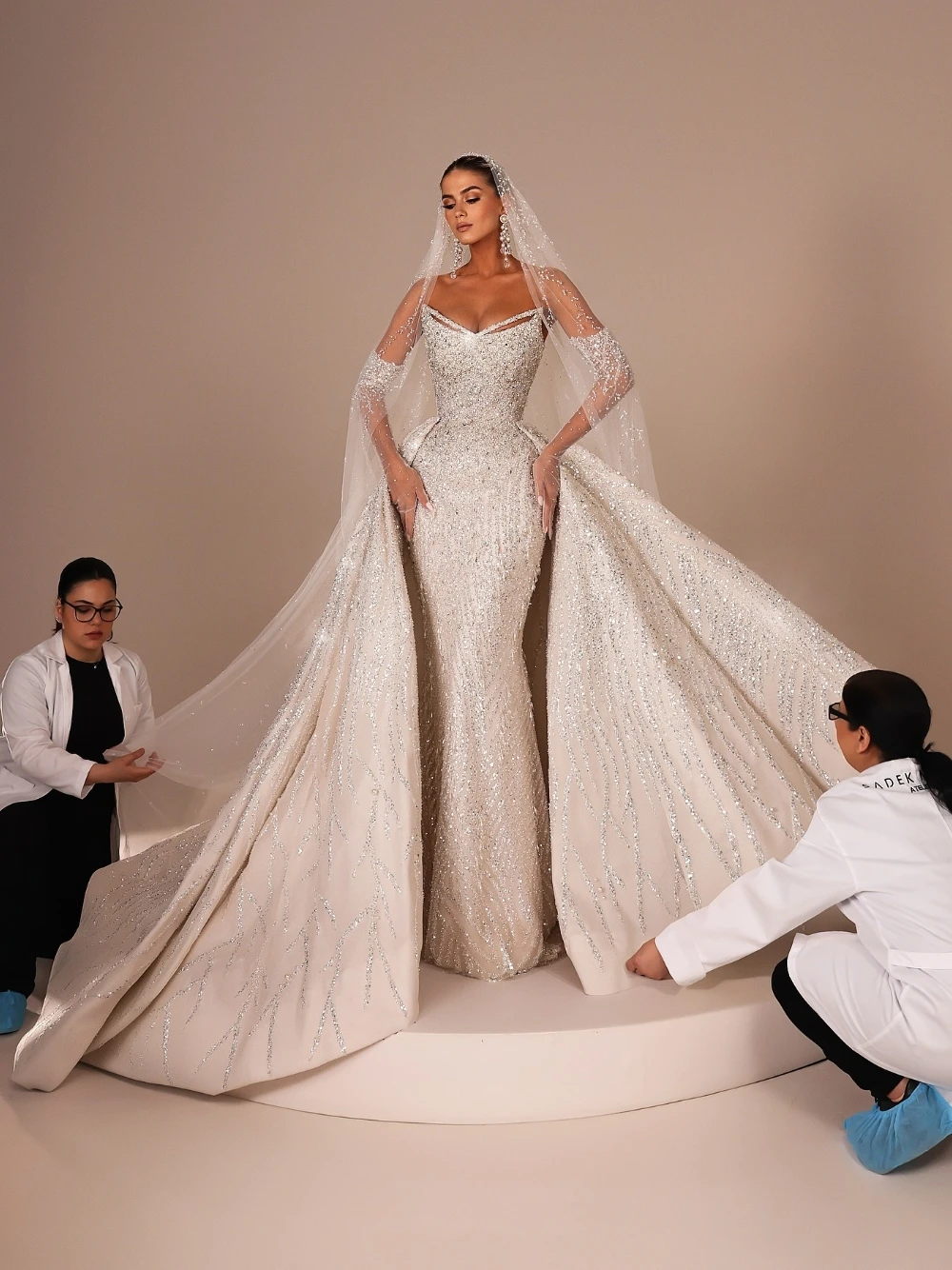 Sparkly A e Women Wedding Strapless Sleeveless Bridal Gowns Sequins Pearls Detachable Train Dress Custom Made