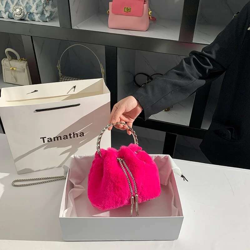 Autumn Winter Women's Handbag Pink Color Faux Fur Soft Bucket Lady Purse Evening Clutch Female Shoulder Crossbody Bag