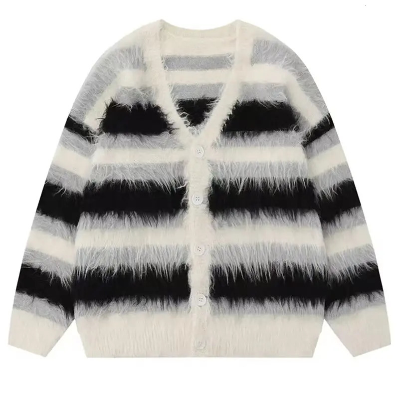 Mohair Cardigan Striped V-Neck Sweater Mens Loose Casual Brushed Trendy Couple Versatile Comfortable Harajuku High Street Knit 250318