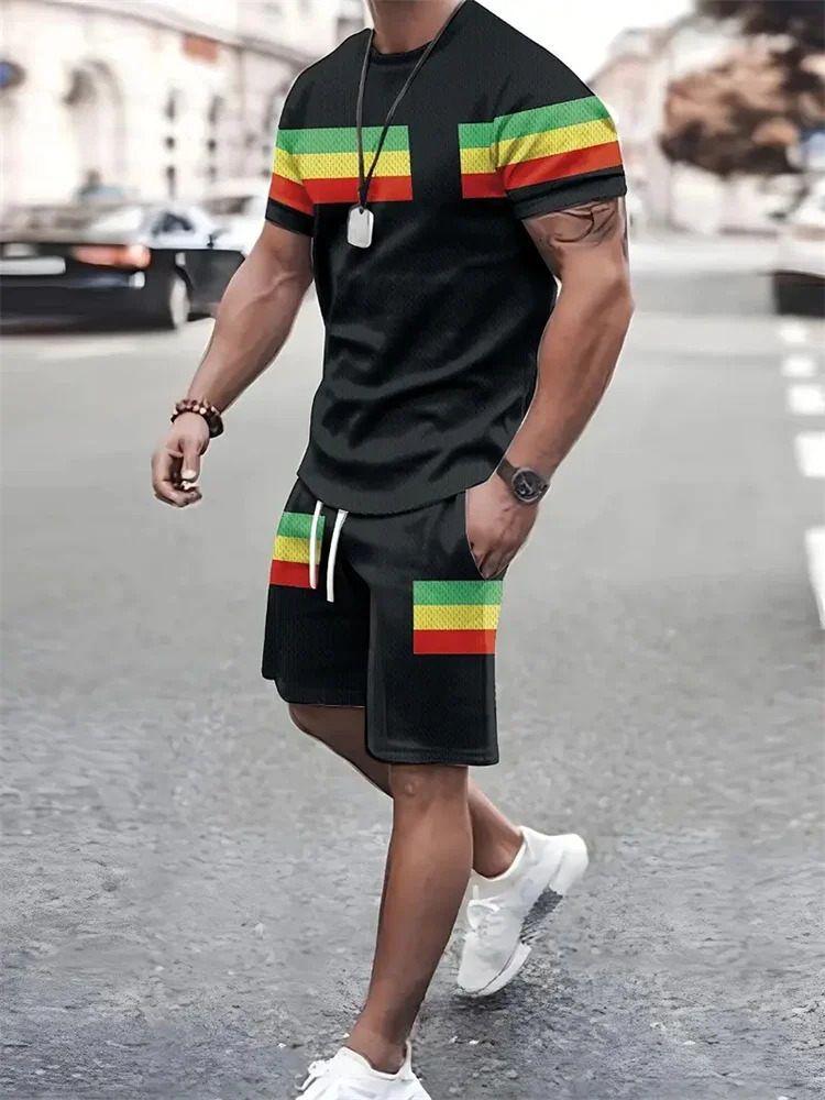 summer mens sportswear short-sleeved T-shirt suit two-piece outdoor travel clothing oversized shorts training clothes 250318