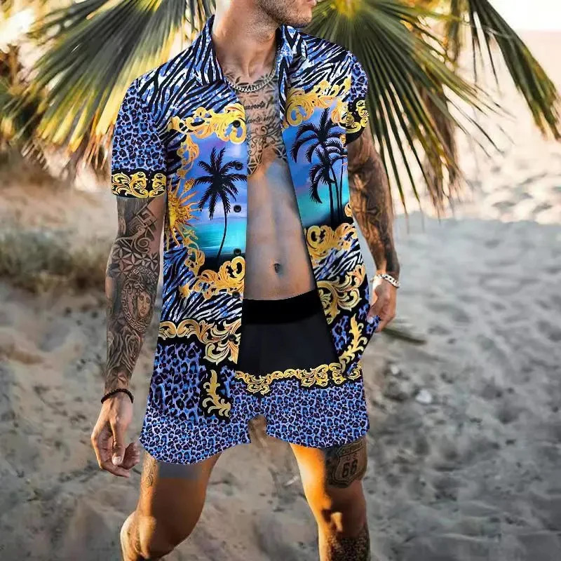 Vintage Men Shirts Sets Summer Golden Horse Print Beach Short Sleeve Shirt Shorts Casual Trip Mens Hawaiian 2 Piece Suit S-5XL 250318