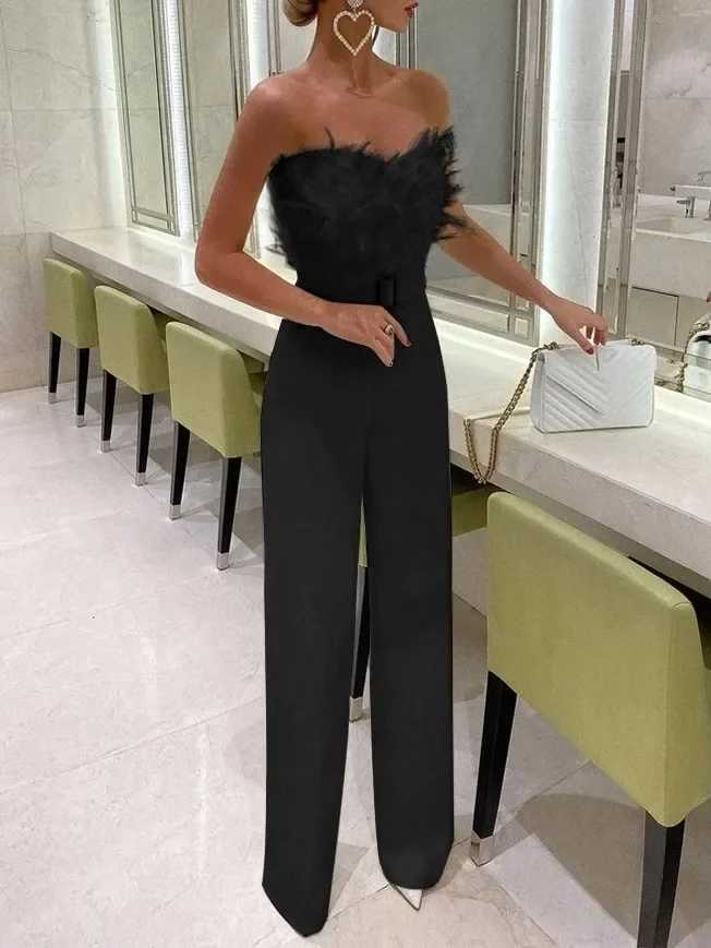 Elegant jumpsuit womens long one-piece strapless white sloping neck feather Y2k top sexy wedding party night jumpsuit summer X250318
