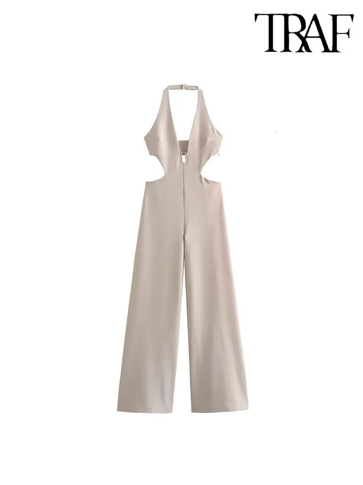 Womens Hanging Neck Backless Long Jumpsuits Fashion Single Breasted Vintage Sleeveless Causal Elegant Playsuit Tops 250314