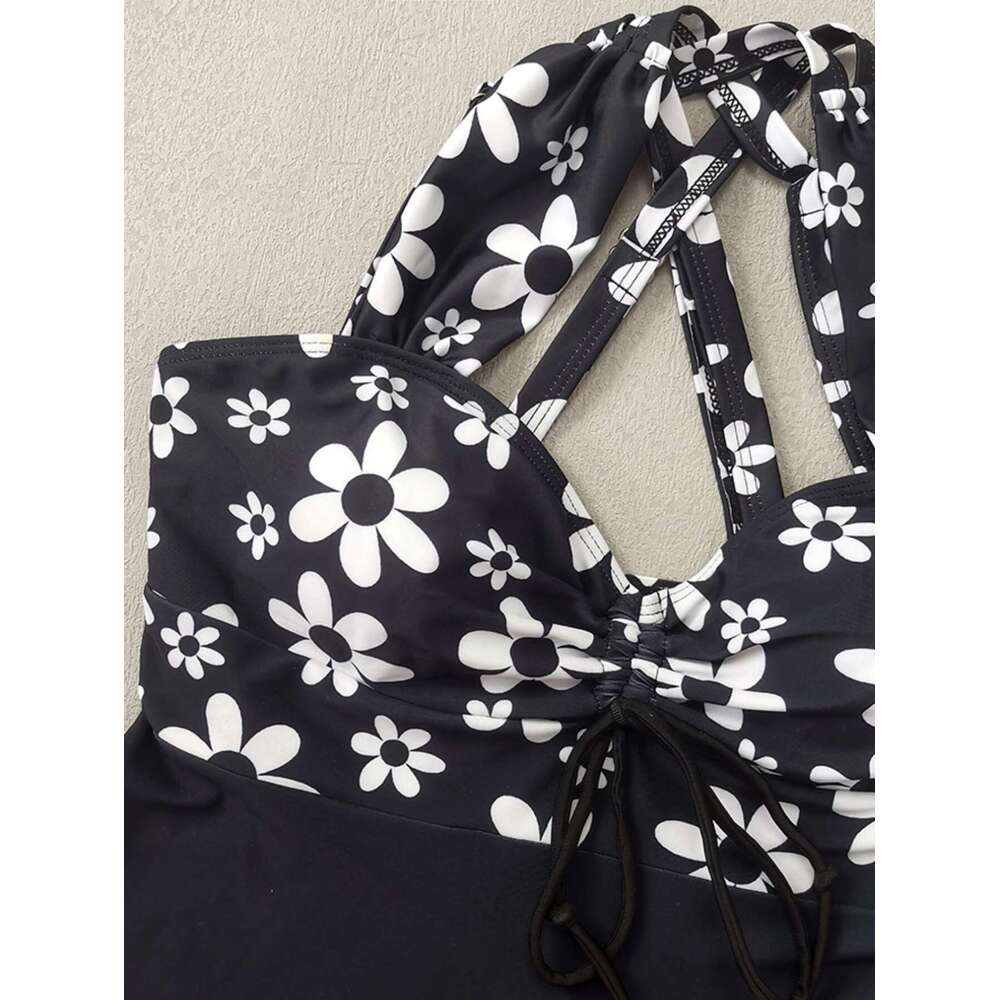 Vintage Black Floral Printed Bikini Skirt Set 2025 Pre knot High Shorts Swimsuit Women's High Waist Swimsuit Tankini