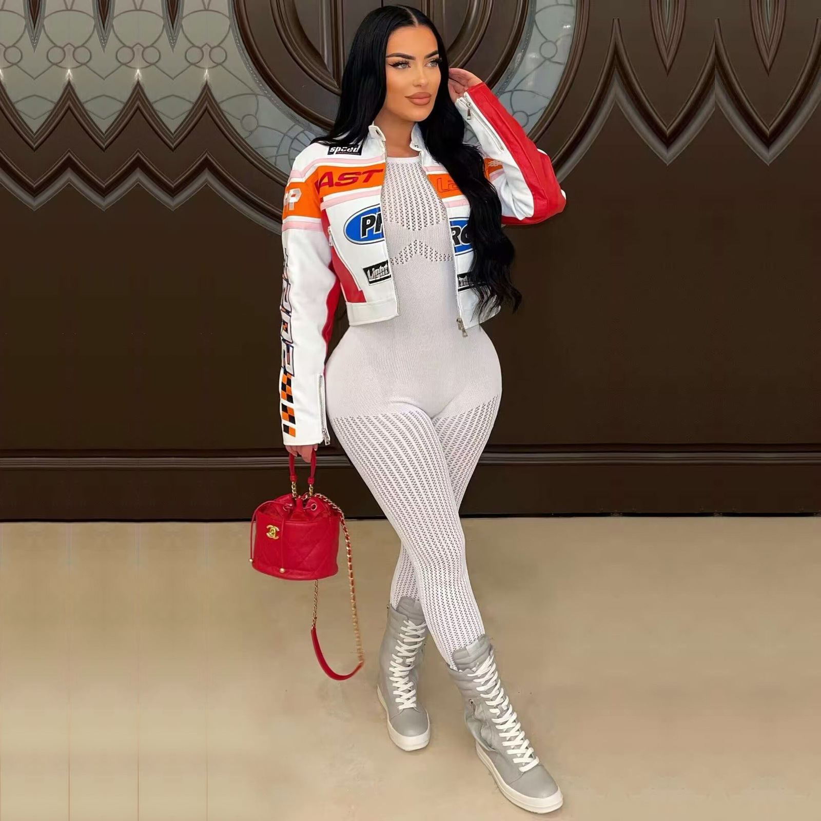 Orange Fall Jacket Winter Streetwear Casual Zip Up Blue Jacket For Women Patchwork Crop TopS fashion Print Trend Coats 250207