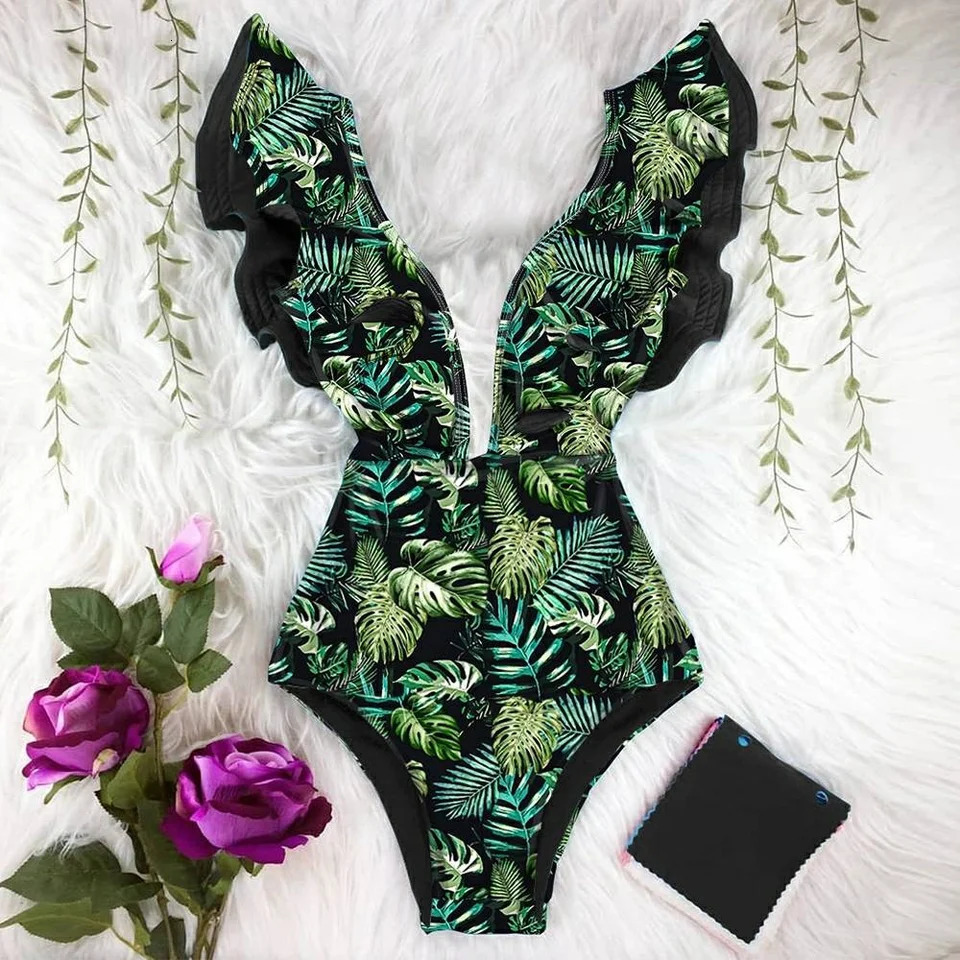 Discount Ruffle Swimwear V-Neck Shoulder One Piece Swimsuit Women Floral Printed Tropical Summer Beach Bathing Suit 250318