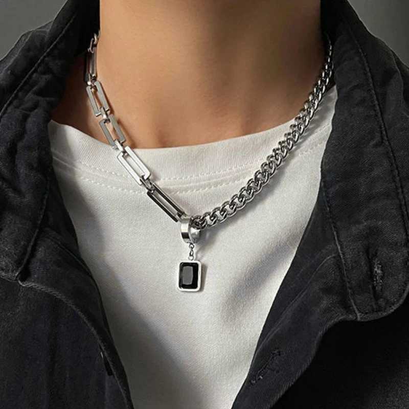 Fashionable stainless steel chain splicing black stone pendant necklace for men 50cm+5cm long necklace for men W250318