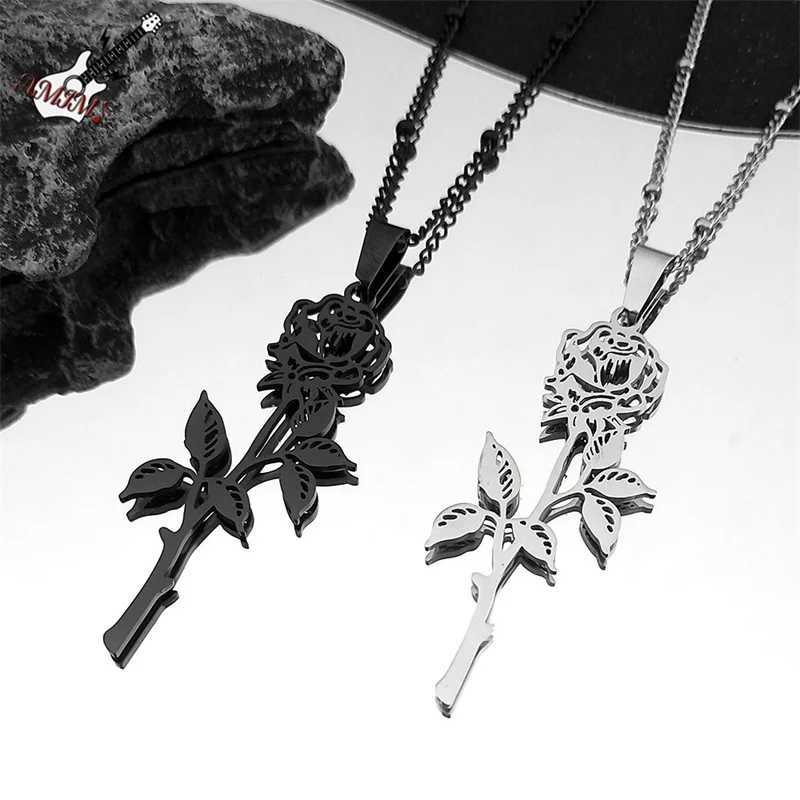 Hiphop Rose Pendant Necklace Mens Stainless Steel Silver Black Charm Chain Jewelry Gift W250318