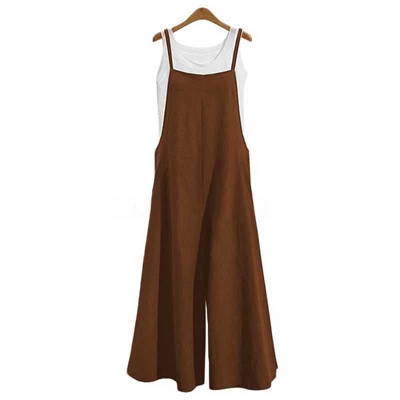 Womens shoulder strap jumpsuit summer solid color wide leg pants Dungar bib cover casual loose cotton linen jumpsuit 5XL X250318
