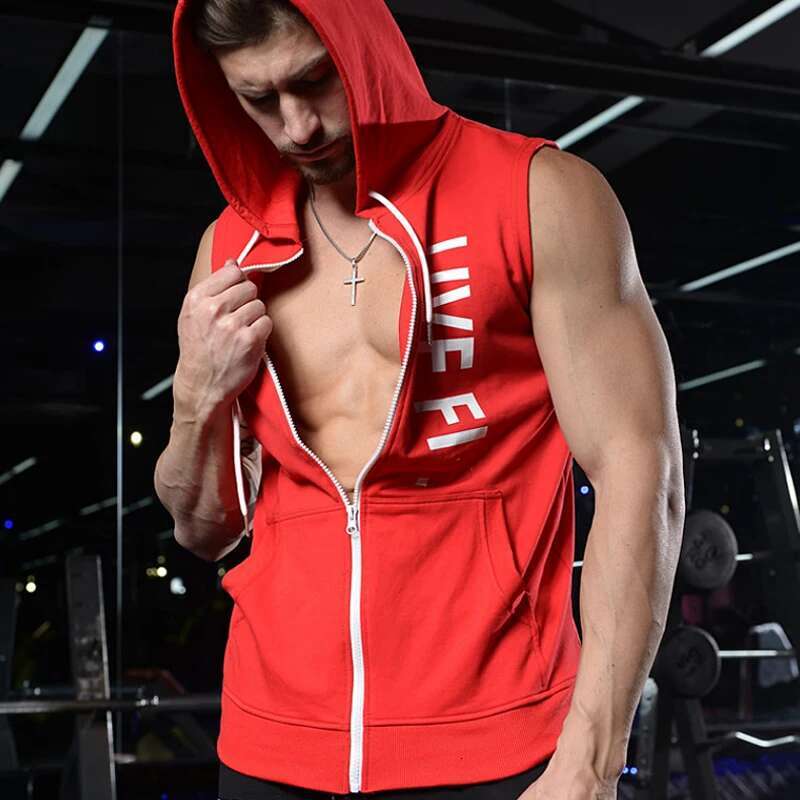 Mens Sports Tank Tops Gym Fiess Muscle Print Sleeveless Hooded Vest Bodybuilding Zipper Jacket Summer Shirt For Man Clothing