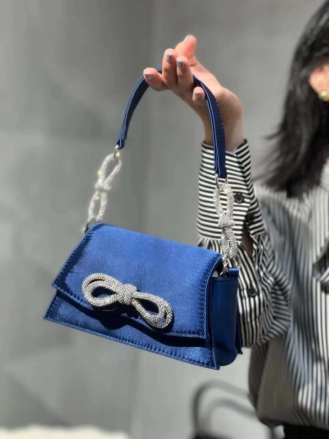 Satin Square Glitter Bow Knot Women's Handbag Rhies Dia Evening Dinner Party Clutch Purse Shoulder Bag
