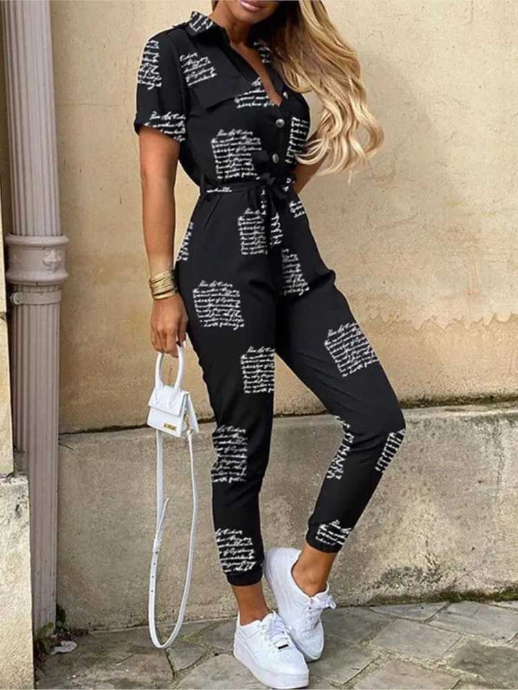 Summer Womens New Fashion Flip Collar Button Print Belt Lace Up Work Dress Casual Capris Jumpsuit Office X2503181