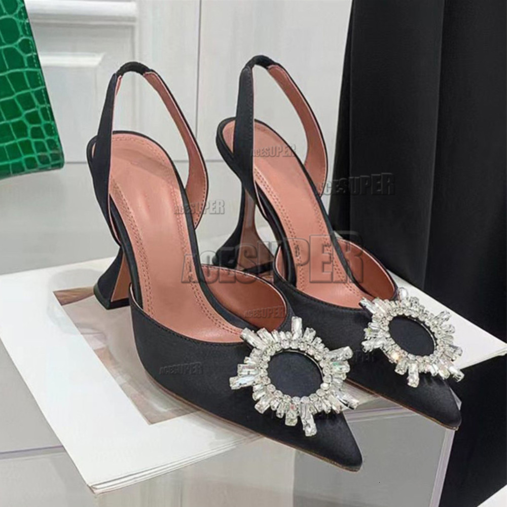 designer slingback Sandals Sunflower high Heel Summer Satin pointed Sparkling Diamond Transparent Heels Pointed Toe Crystal Block Heel 19