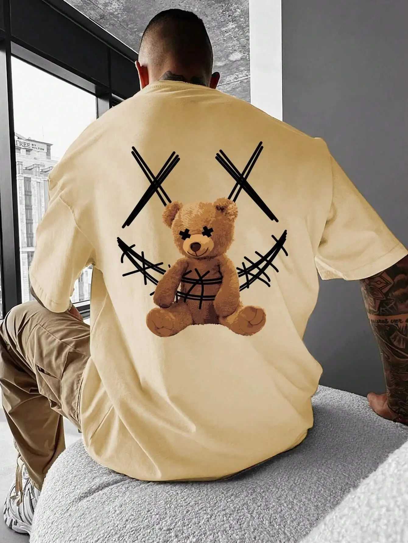 Brown bear print mens T-shirt round neck loose top breathable and comfortable casual oversized womens clothingXJ250318