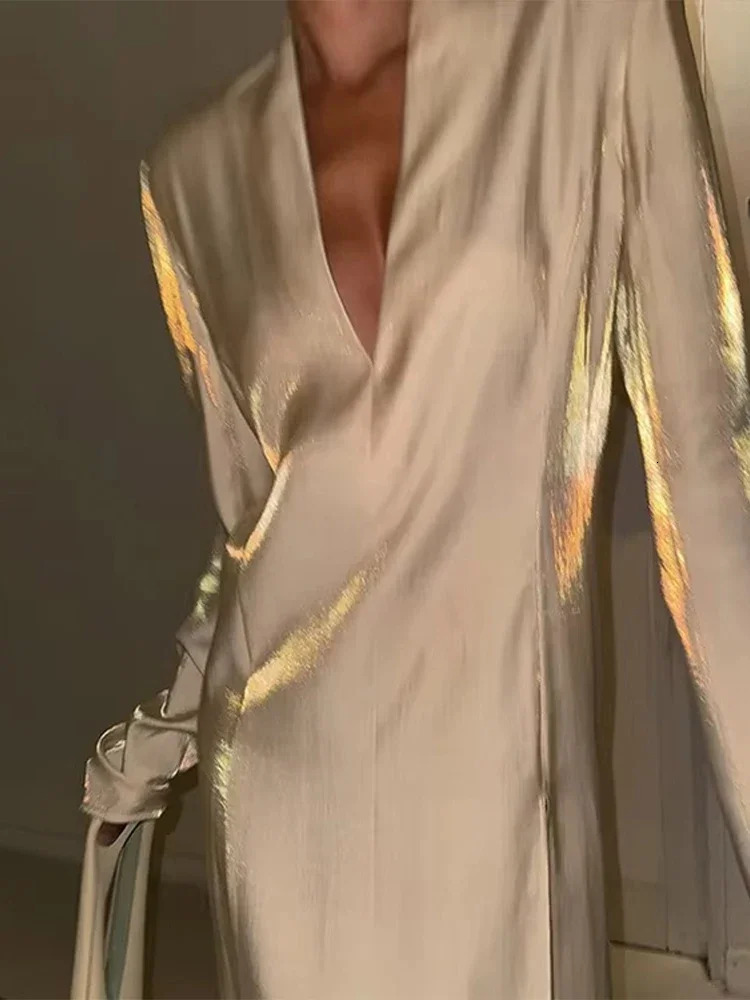 Glitter Party Long Dress Women Sexy V-neck High Split Female Dresses 2025 Spring Summer Street Elegant Full Sleeves Lady Robe 250318