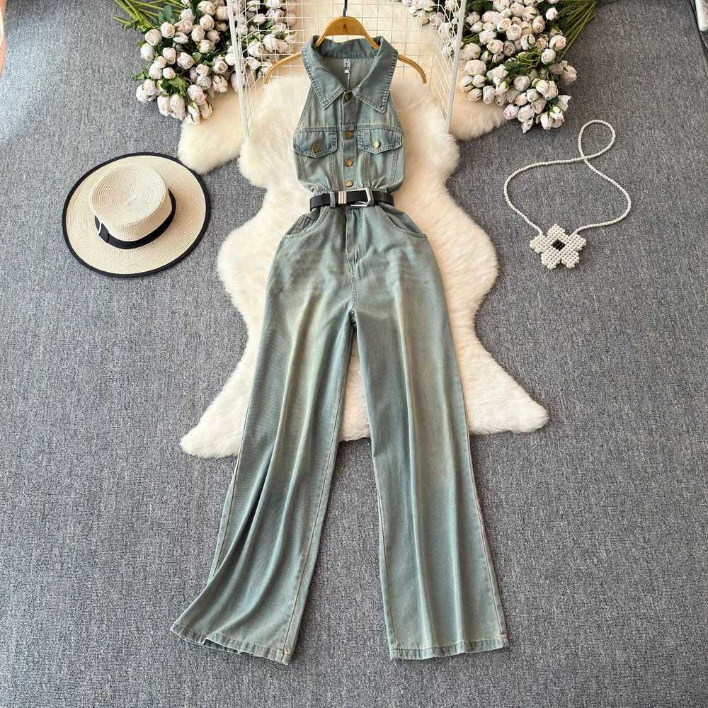 Womens denim jumpsuit tight fitting single chest casual high waist summer button up lapel wide leg jumpsuit X250318
