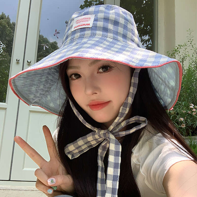 Double sided plaid fisherman for women in summer, thin design, UV resistant, foldable large brim, shading and sun protection hat