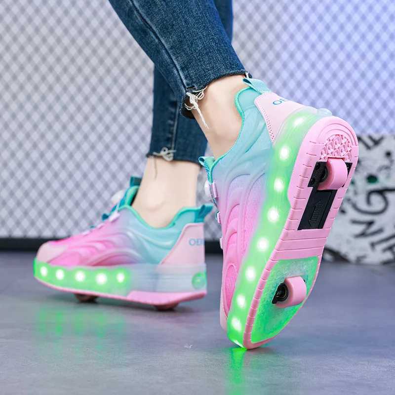 Two wheeled childrens LED roller skateboard shoes suitable for children boys girls luminous sports shoes skateboard USB charging W250318