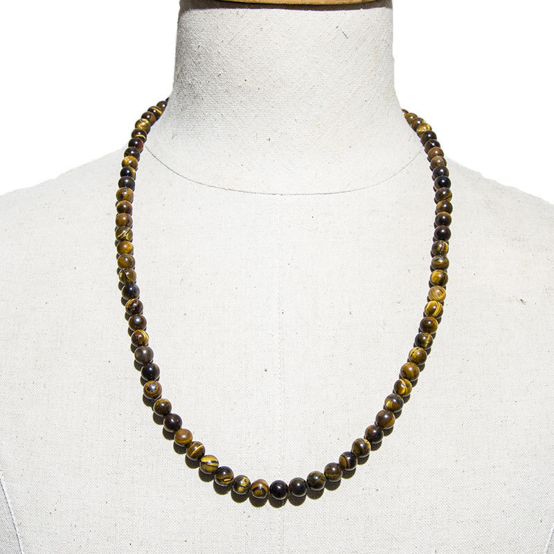 Yellow Tiger Eye Stone Imitation Black Agate Long Necklace Men's 8mm Natural Stone Beaded Item