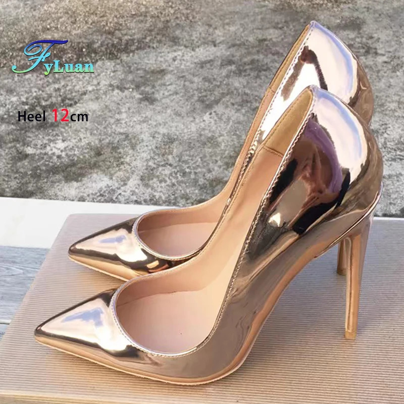 Europe and America Pointed Single Shoes Women Champagne Gold Party Dress High Heels 8CM 10CM 12CM Mirror PU Stiletto Pumps 250317